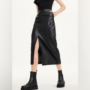 DKNY Black Leather Midi Skirt